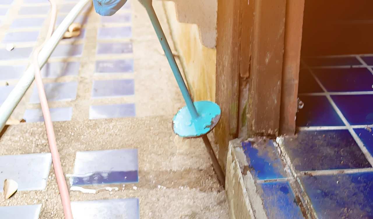 Pest control treatment near tiled entrance.