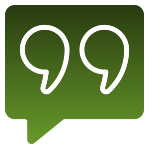 Green speech bubble with quotation marks.